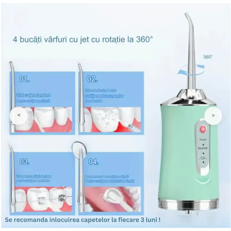Irigator Bucal Portabil cu 3 Niveluri de Presiune, 4 Capete – Curățare 360° pentru Dinți și Gingii
