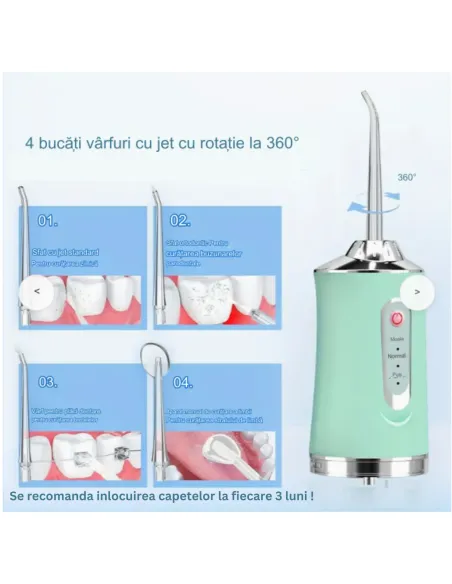 Irigator Bucal Portabil cu 3 Niveluri de Presiune, 4 Capete – Curățare 360° pentru Dinți și Gingii