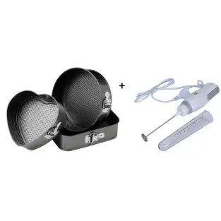Oferta speciala: Set 3 forme pentru prajituri - forma rotunda, patrata si inima + Mixer de frappe electric cu cana gradata