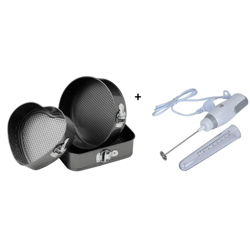 Oferta speciala: Set 3 forme pentru prajituri - forma rotunda, patrata si inima + Mixer de frappe electric cu cana gradata