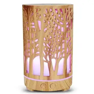 Umidificator pentru aromaterapie, ultrasunet, model copac, rezervor 200 ml, 7 culori, led, lemn deschis