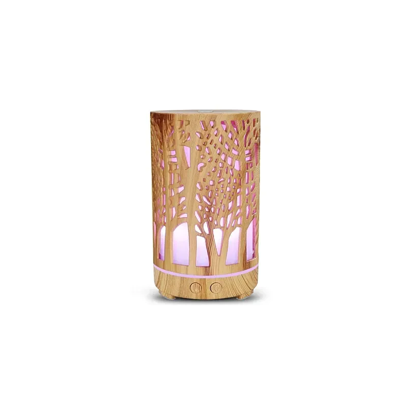Umidificator pentru aromaterapie, ultrasunet, model copac, rezervor 200 ml, 7 culori, led, lemn deschis