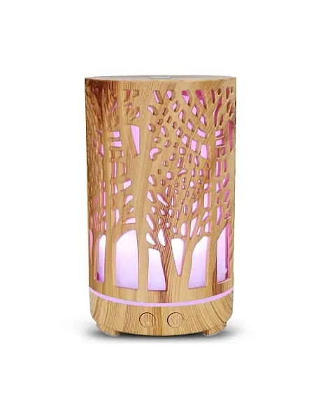 Umidificator pentru aromaterapie, ultrasunet, model copac, rezervor 200 ml, 7 culori, led, lemn deschis