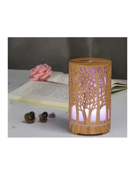 Umidificator pentru aromaterapie, ultrasunet, model copac, rezervor 200 ml, 7 culori, led, lemn deschis