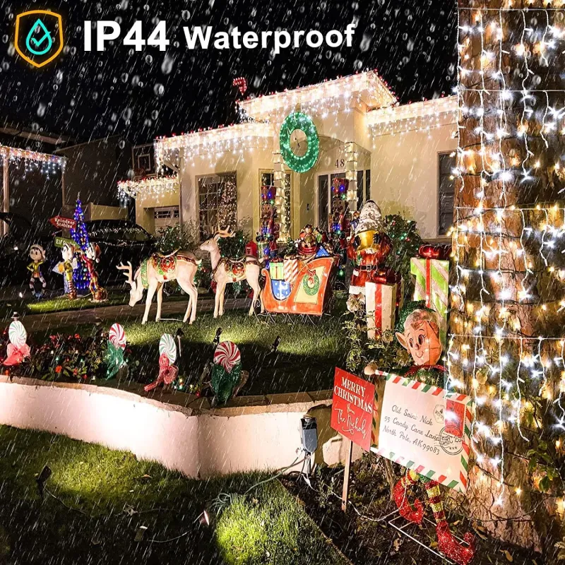 Instalatie Craciun Turturi, 20 m, 500 Led-uri, 8 jocuri de lumini, Perdea, Franjuri, Exterior/Interior, Fir Alb, Interconectabil