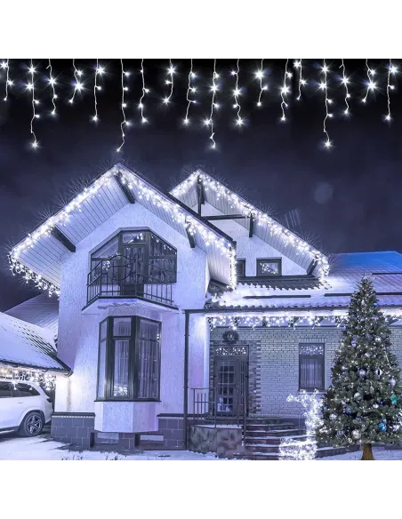 Instalatie Craciun Turturi, 20 m, 500 Led-uri, 8 jocuri de lumini, Perdea, Franjuri, Exterior/Interior, Fir Alb, Interconectabil