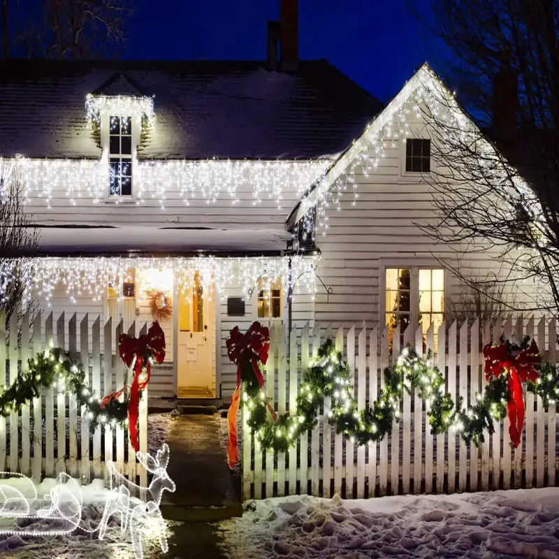 Instalatie Craciun Turturi, 20 m, 500 Led-uri, 8 jocuri de lumini, Perdea, Franjuri, Exterior/Interior, Fir Alb, Interconectabil