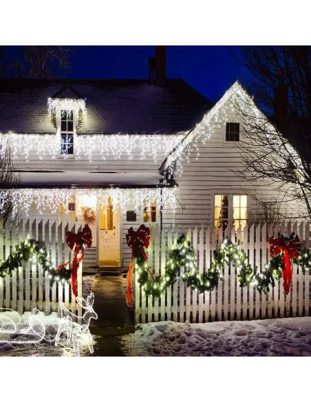 Instalatie Craciun Turturi, 20 m, 500 Led-uri, 8 jocuri de lumini, Perdea, Franjuri, Exterior/Interior, Fir Alb, Interconectabil