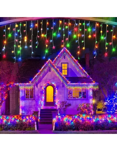 Instalatie Craciun Turturi, 20 m, 500 Led-uri, 8 jocuri de lumini, Perdea, Franjuri, Exterior/Interior, Fir Alb, Interconectabil