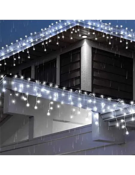 Instalatie perdea tip turturi pentru Craciun, 25m, 500 led, Flash, Fir Alb, Led, IP44, Interconectabila, Perdea, Franjuri