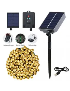 Instalație solară 500 LED – 50m Alb cald , panou mare, controler, alimentare solară + USB 2