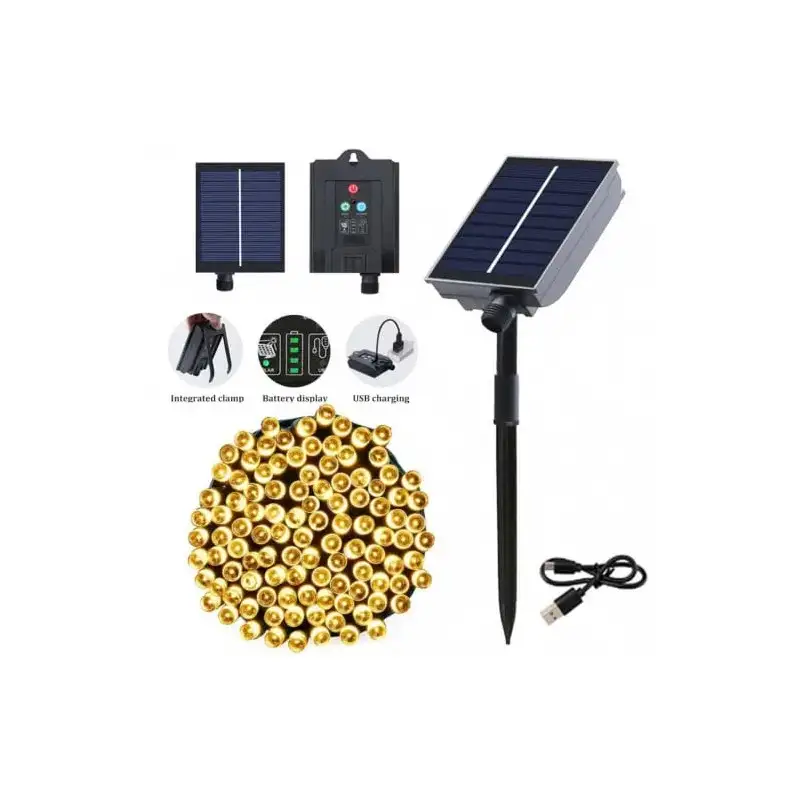 Instalație solară 500 LED – 50m Alb cald , panou mare, controler, alimentare solară + USB