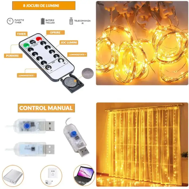 Perdea din Cupru Argintiu 3x3M cu 300 de LED-uri Alb Cald și 8 jocuri de lumină.