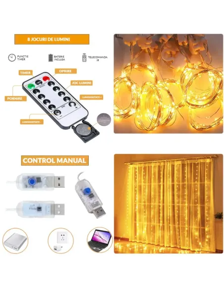 Perdea din Cupru Argintiu 3x3M cu 300 de LED-uri Alb Cald și 8 jocuri de lumină.