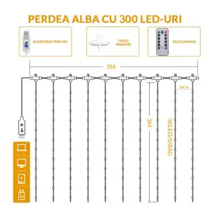 Perdea din Cupru Argintiu 3x3M cu 300 de LED-uri Alb Cald și 8 jocuri de lumină. 2