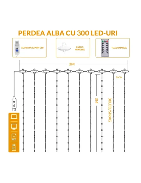 Perdea din Cupru Argintiu 3x3M cu 300 de LED-uri Alb Cald și 8 jocuri de lumină.