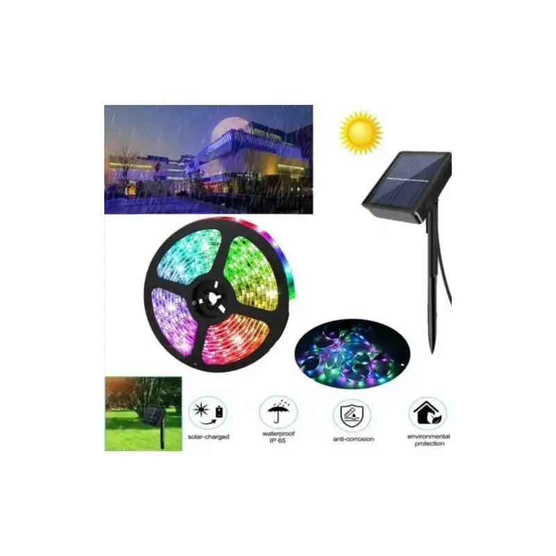 Bandă LED RGB 5 m cu panou solar, IP65, iluminat decorativ exterior/interior