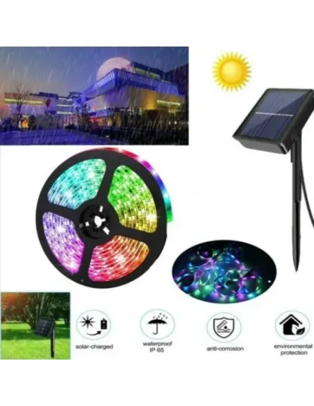 Bandă LED RGB 5 m cu panou solar, IP65, iluminat decorativ exterior/interior