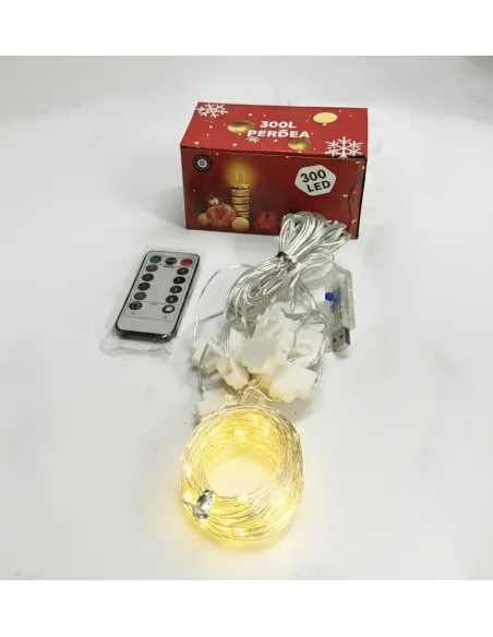 Perdea din Cupru Argintiu 3x3M cu 300 de LED-uri Alb Cald și 8 jocuri de lumină.