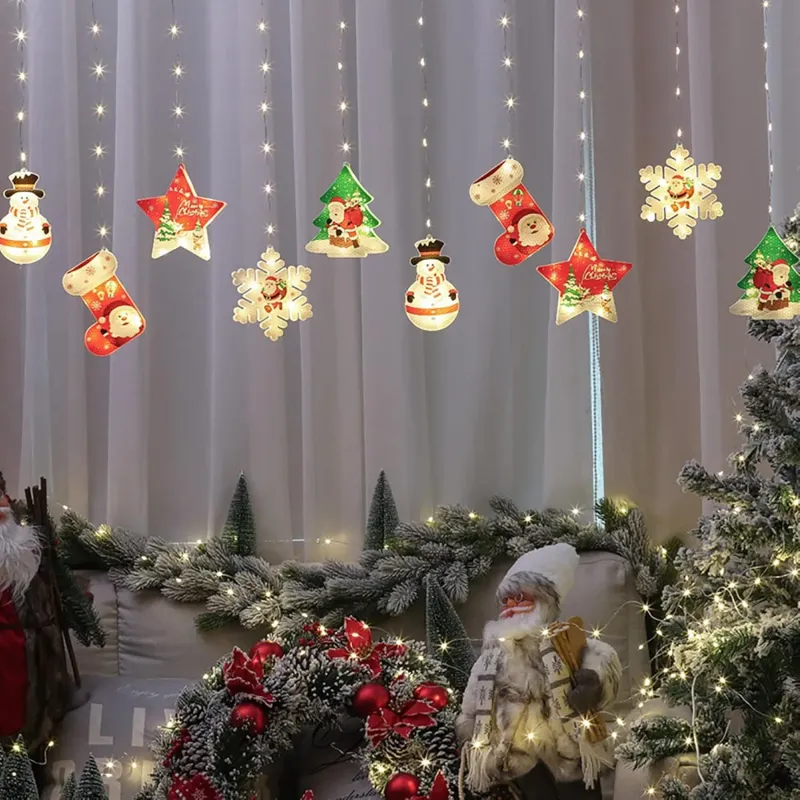 Set 2 x Perdea LED Crăciun 3m – 10 Figurine (Stea, Fulg de Nea, Moș), Interior