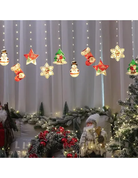Set 2 x Perdea LED Crăciun 3m – 10 Figurine (Stea, Fulg de Nea, Moș), Interior