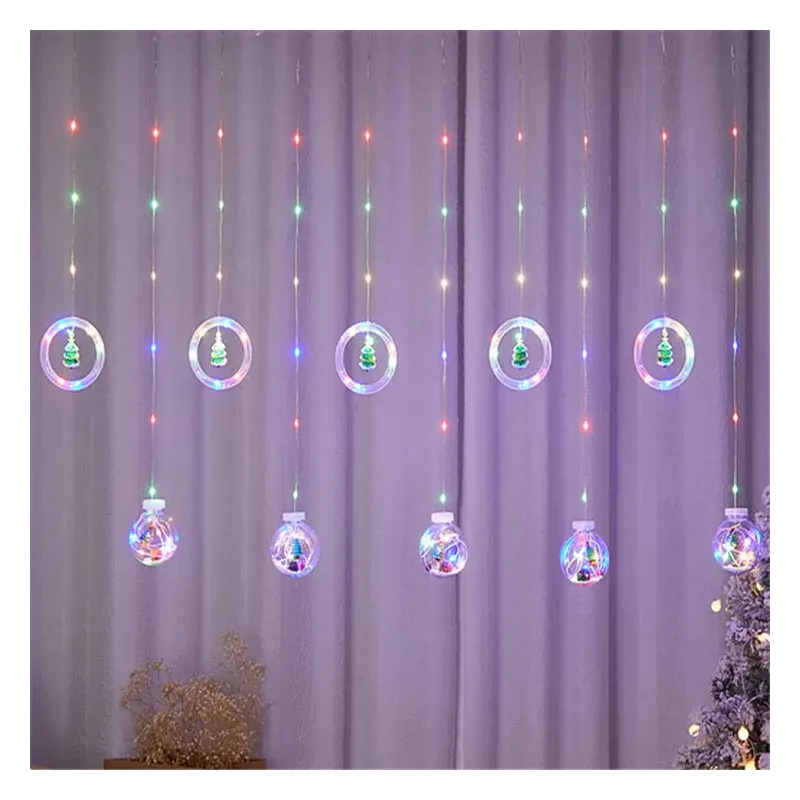 Instalatie led tip perdea cu diferite figurine, cercuri si globuri luminoase