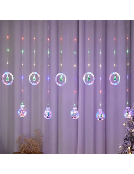 Instalatie led tip perdea cu diferite figurine, cercuri si globuri luminoase