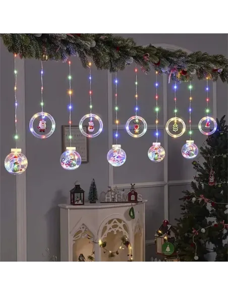 Instalatie led tip perdea cu diferite figurine, cercuri si globuri luminoase