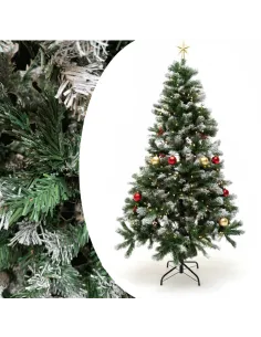 Brad artificial verde cu varfuri albe, 210 cm cu  650  ramuri si suport metalic