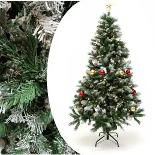 Brad artificial verde cu varfuri albe, 210 cm cu 650 ramuri si suport metalic