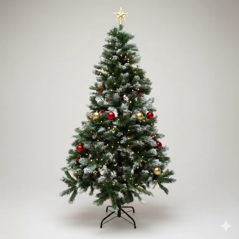 Brad artificial verde cu varfuri albe, 150cm, 350 ramuri + suport metalic