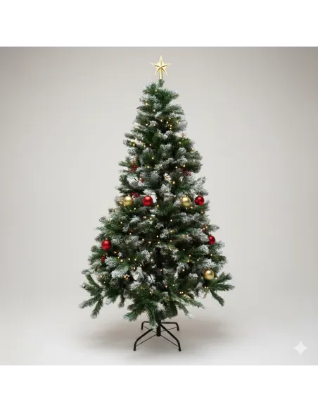 Brad artificial verde cu varfuri albe, 150cm, 350 ramuri + suport metalic