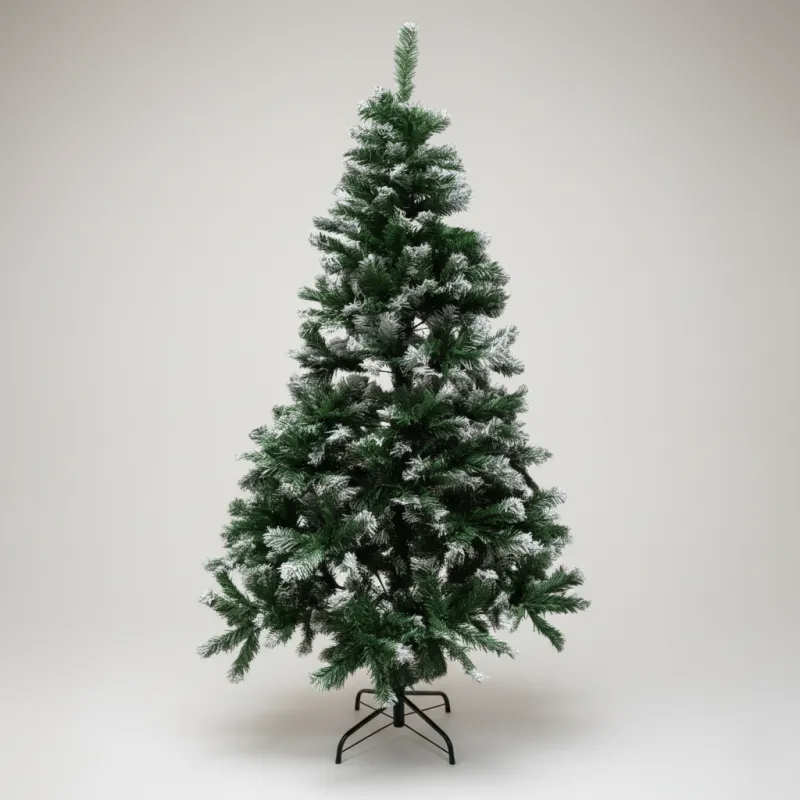 Brad artificial verde cu varfuri albe, 150cm, 350 ramuri + suport metalic