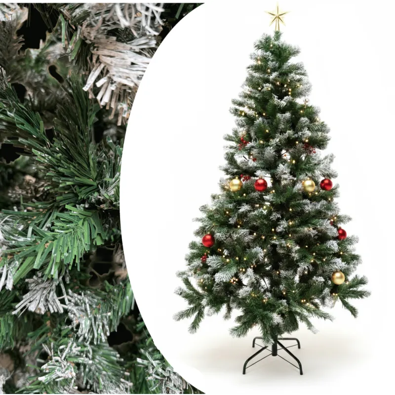 Brad artificial verde cu varfuri albe, 150cm, 350 ramuri + suport metalic