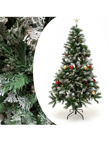 Brad artificial verde cu varfuri albe, 150cm, 350 ramuri + suport metalic