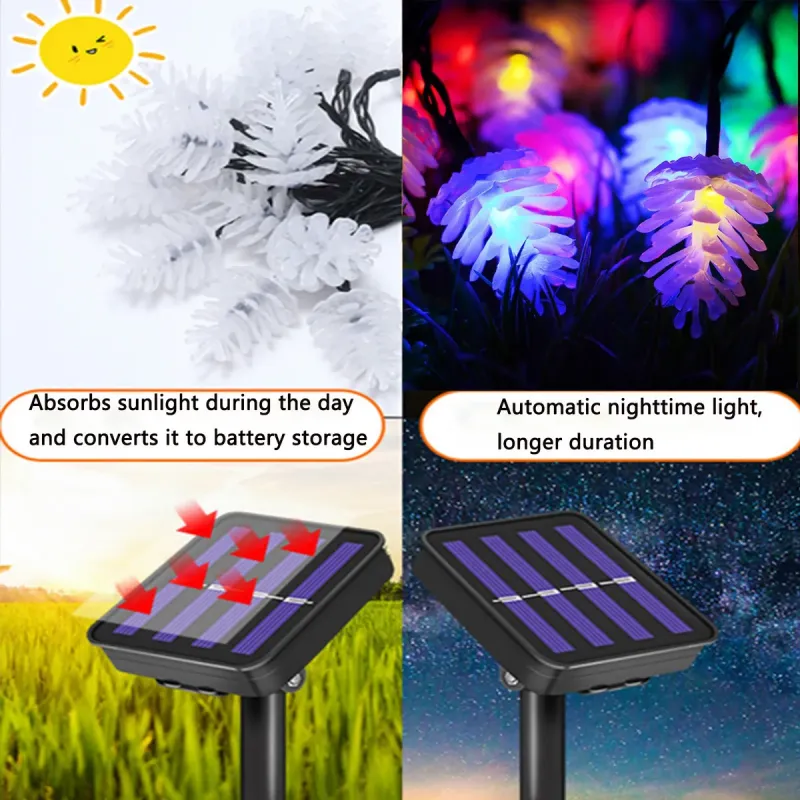 Instalatie solara cu Conuri de brad, 50 LED-uri, multicolor, 8 jocuri de lumini, 5m