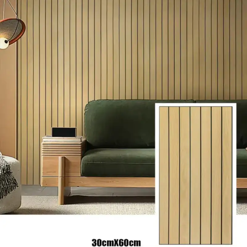 Tapet decorativ autoadeziv, aspect lemn vertical, 30x60cm, model 3D modern, pentru perete interior, imitatie riflaj