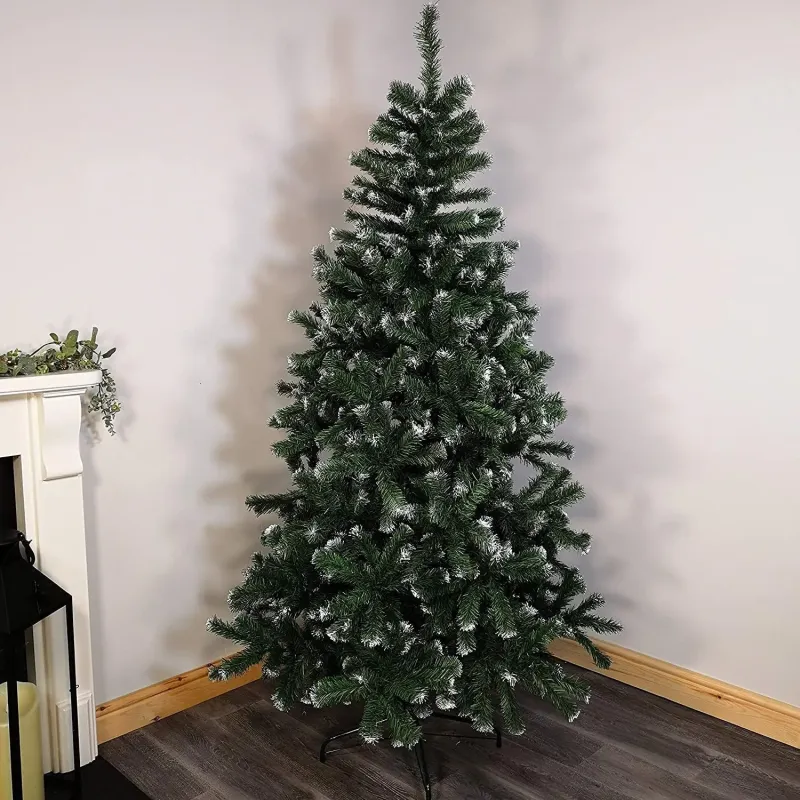 Brad artificial verde cu varfuri albe, 150cm, 350 ramuri + suport metalic