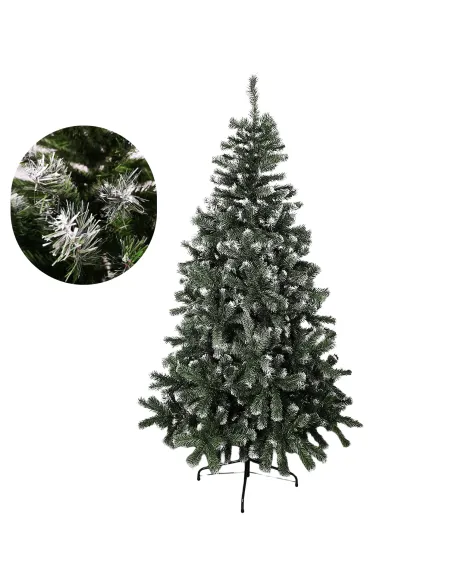 Brad artificial verde cu varfuri albe, 150cm, 350 ramuri + suport metalic