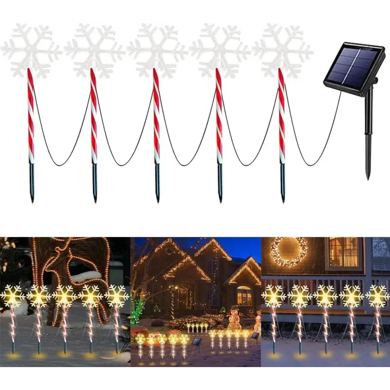 Decoratiune solara cu 5 acadele cu fulgi de nea, alb cald, pentru exterior, 45cm