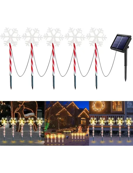 Decoratiune solara cu 5 acadele cu fulgi de nea, alb cald, pentru exterior, 45cm