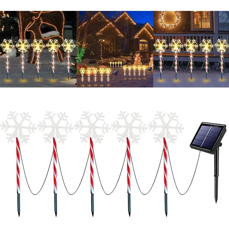 Decoratiune solara cu 5 acadele cu fulgi de nea, alb cald, pentru exterior, 45cm
