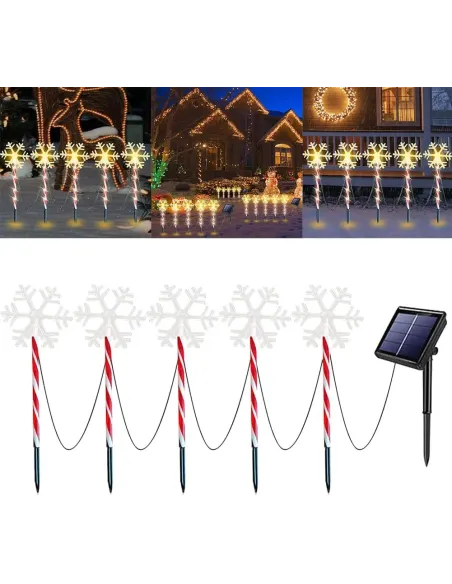 Decoratiune solara cu 5 acadele cu fulgi de nea, alb cald, pentru exterior, 45cm