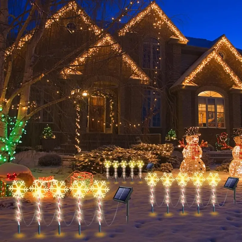 Decoratiune solara cu 5 acadele cu fulgi de nea, alb cald, pentru exterior, 45cm