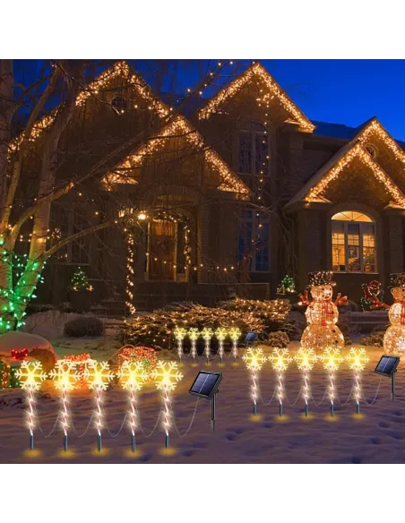 Decoratiune solara cu 5 acadele cu fulgi de nea, alb cald, pentru exterior, 45cm