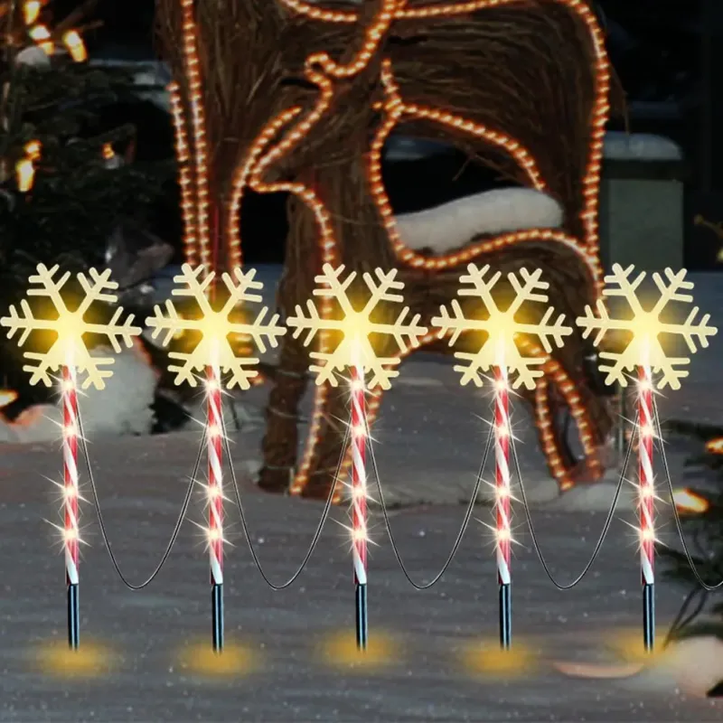 Decoratiune solara cu 5 acadele cu fulgi de nea, alb cald, pentru exterior, 45cm