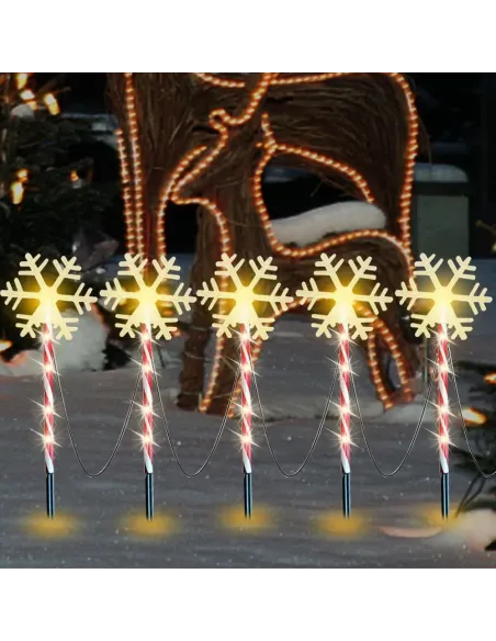 Decoratiune solara cu 5 acadele cu fulgi de nea, alb cald, pentru exterior, 45cm