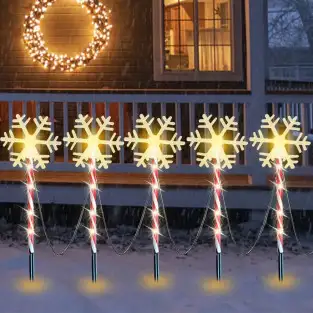 Decoratiune solara cu 5 acadele cu fulgi de nea, alb cald, pentru exterior, 45cm