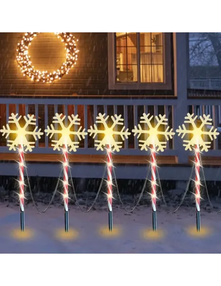 Decoratiune solara cu 5 acadele cu fulgi de nea, alb cald, pentru exterior, 45cm