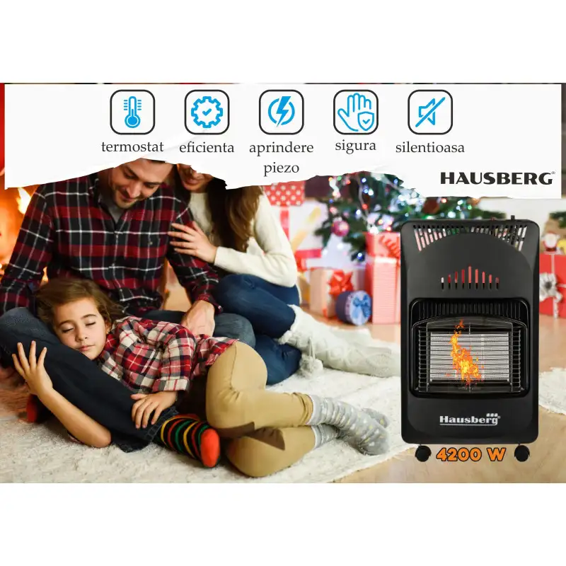 Soba pe Gaz GPL Hausberg HB-1021NG, 4.2 kW, 3 Trepte, Plăci Ceramice, Aprindere Piezoelectrică, Siguranță Automată, Sistem Mobil